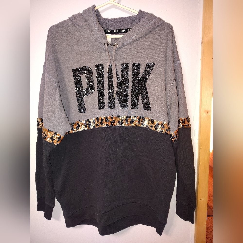 PINK Victoria's Secret Sequin Logo Sweater - Gray and Black with Leopard Accents